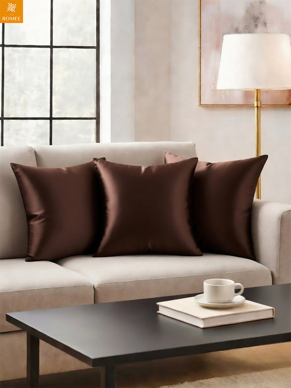 Brown Set of 5 Plain Patterned Satin Square Reversible Cushion Covers