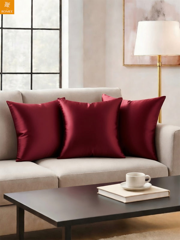 Maroon Set of 5 Plain Patterned Satin Square Reversible Cushion Covers