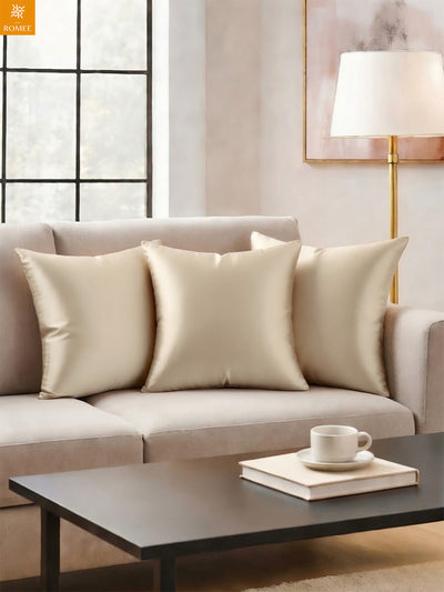 Beige Set of 5 Plain Patterned Satin Square Reversible Cushion Covers