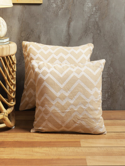 Beige & White Set of 5 Zig Zag Patterned Polycotton Square Cushion Covers