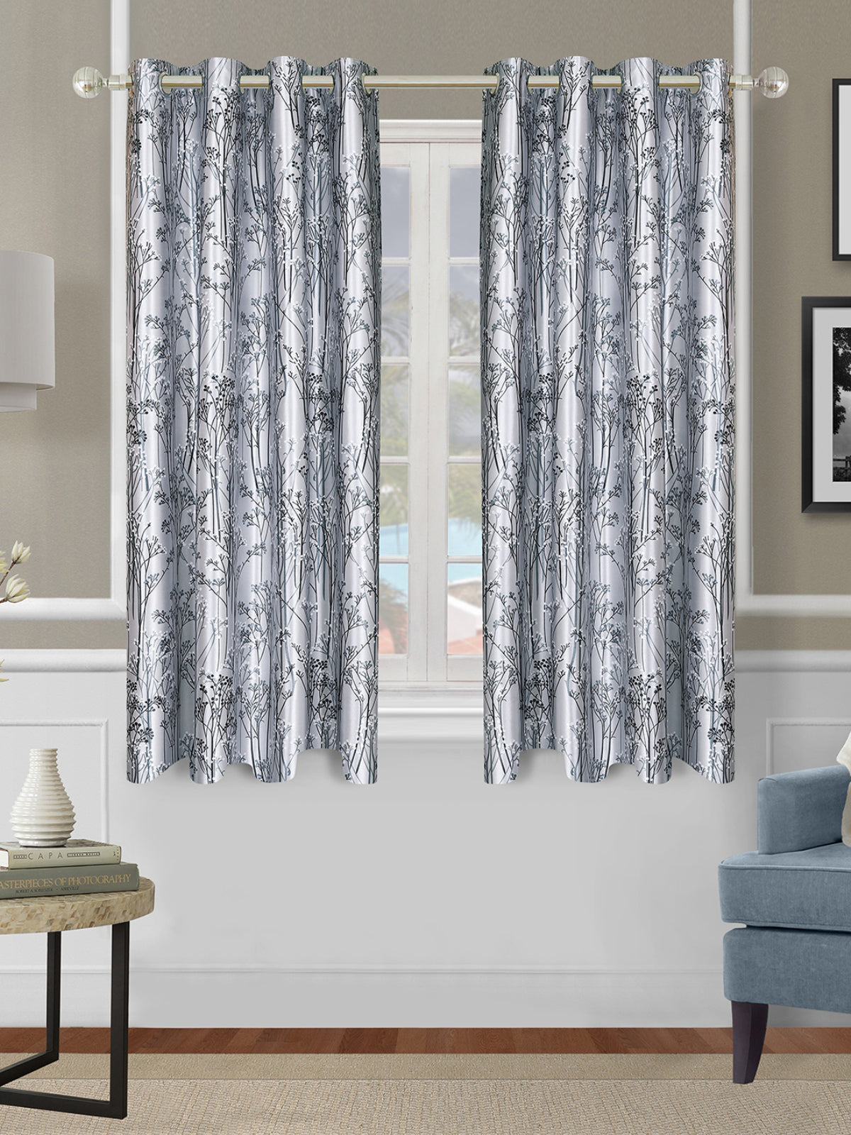 Romee Grey Leafy Patterned Set of 2 Window Curtains