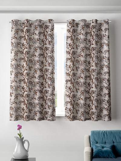 Romee Brown & Cream Floral Patterned Set of 2 Window Curtains