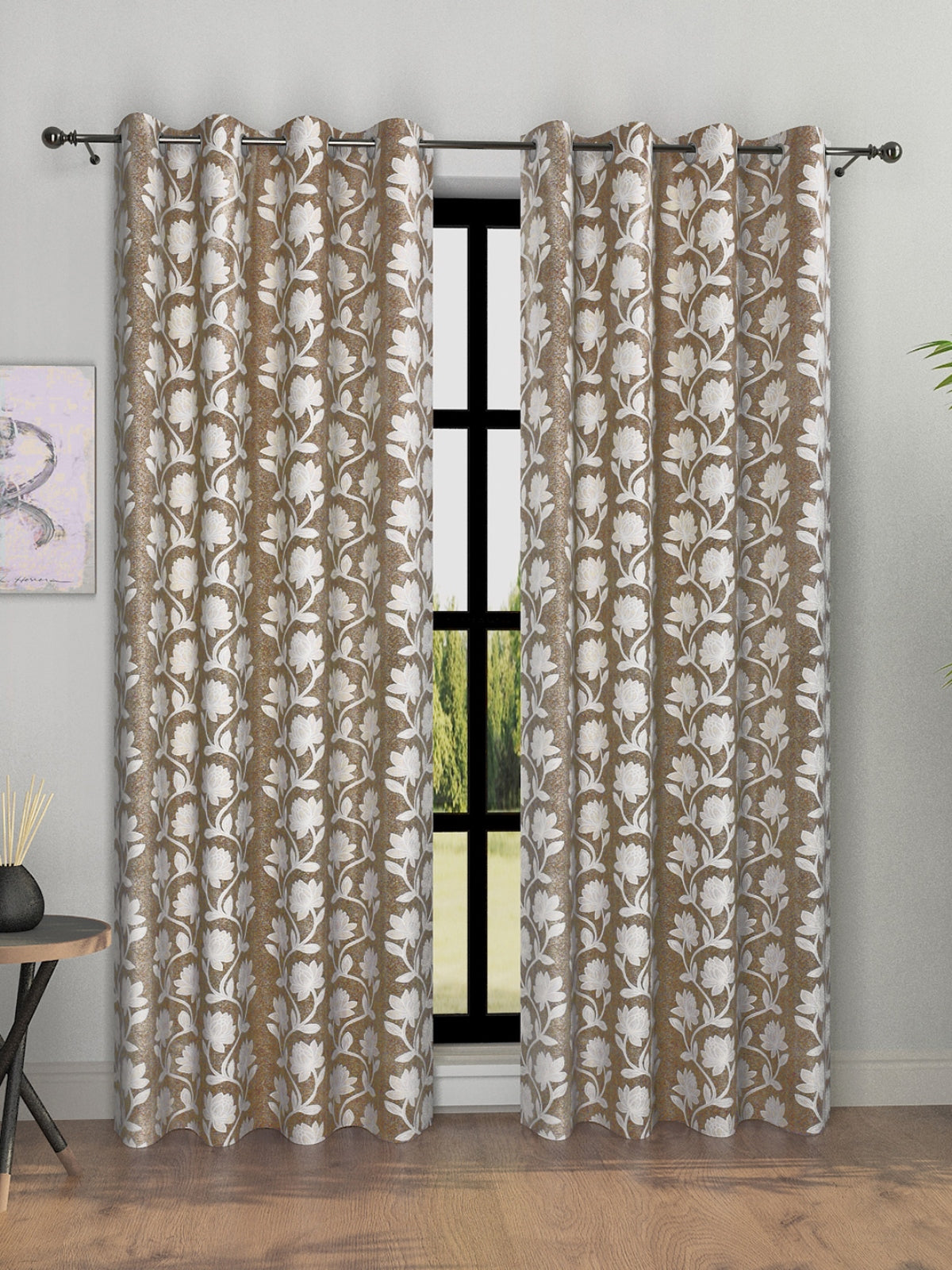 Romee Brown Floral Patterned Set of 2 Door Curtains