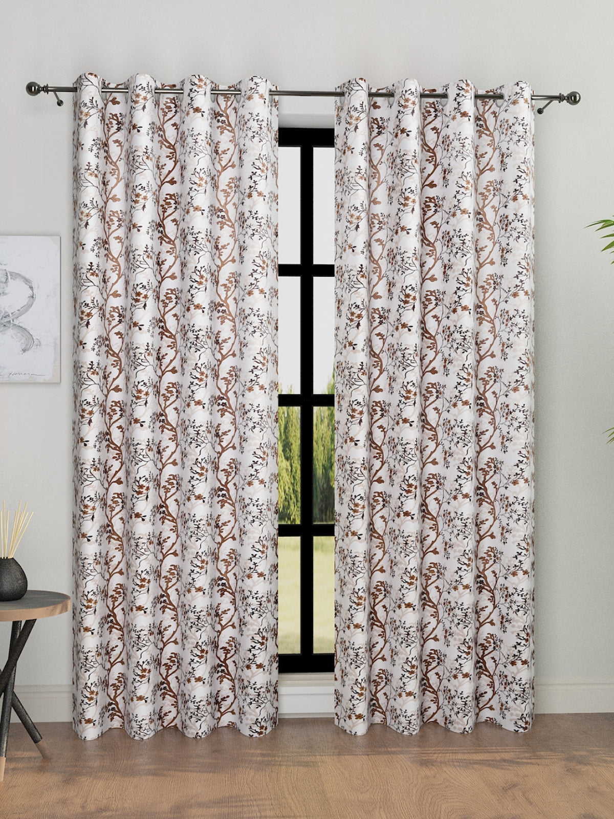Romee Brown & Cream Floral Patterned Set of 2 Door Curtains