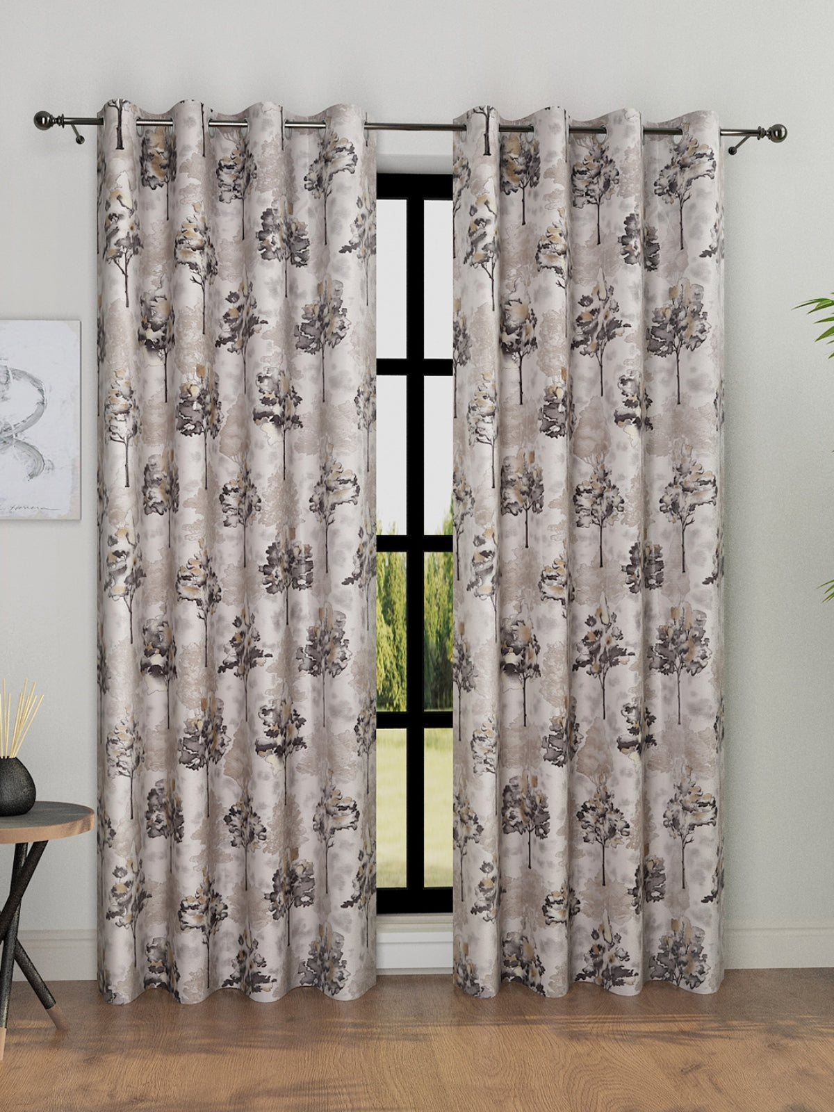Romee Grey & Cream Floral Patterned Set of 2 Long Door Curtains
