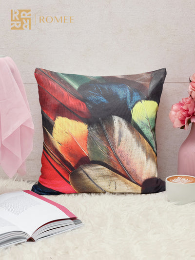 Polyester Jute Feather Printed Cushion Covers 16 inch x 16 inch, Set of 5 - Multicolor