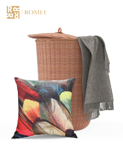 Polyester Jute Feather Printed Cushion Covers 16 inch x 16 inch, Set of 5 - Multicolor