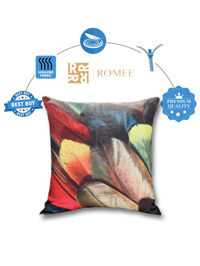 Polyester Jute Feather Printed Cushion Covers 16 inch x 16 inch, Set of 5 - Multicolor