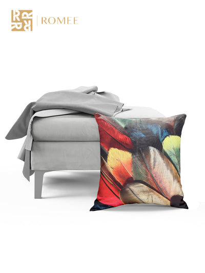 Polyester Jute Feather Printed Cushion Covers 16 inch x 16 inch, Set of 5 - Multicolor