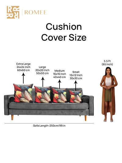 Polyester Jute Feather Printed Cushion Covers 16 inch x 16 inch, Set of 5 - Multicolor