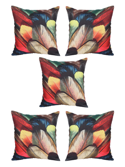 Polyester Jute Feather Printed Cushion Covers 16 inch x 16 inch, Set of 5 - Multicolor