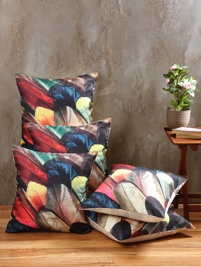 Polyester Jute Feather Printed Cushion Covers 16 inch x 16 inch, Set of 5 - Multicolor
