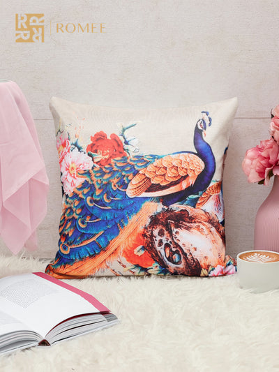 Soft Jute Peacock Print Throw Pillow/Cushion Covers 16x16 inch Set of 5 - Multicolor