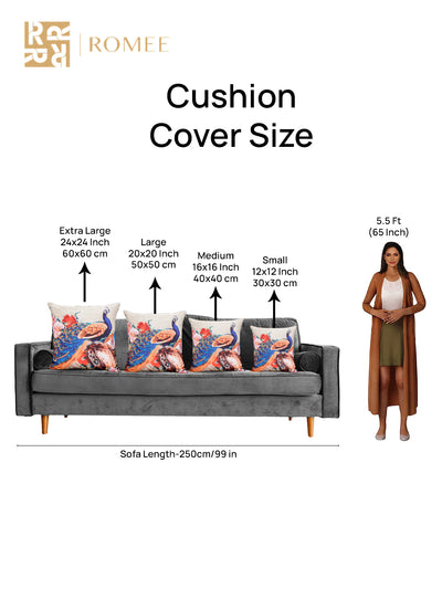 Soft Jute Peacock Print Throw Pillow/Cushion Covers 16x16 inch Set of 5 - Multicolor