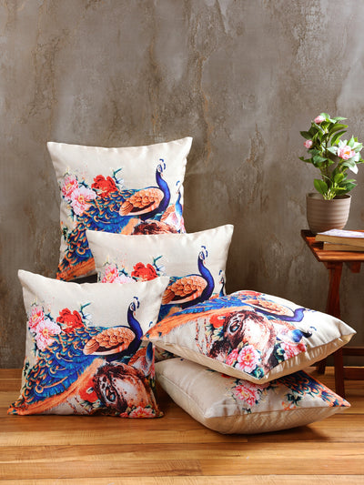Soft Jute Peacock Print Throw Pillow/Cushion Covers 16x16 inch Set of 5 - Multicolor