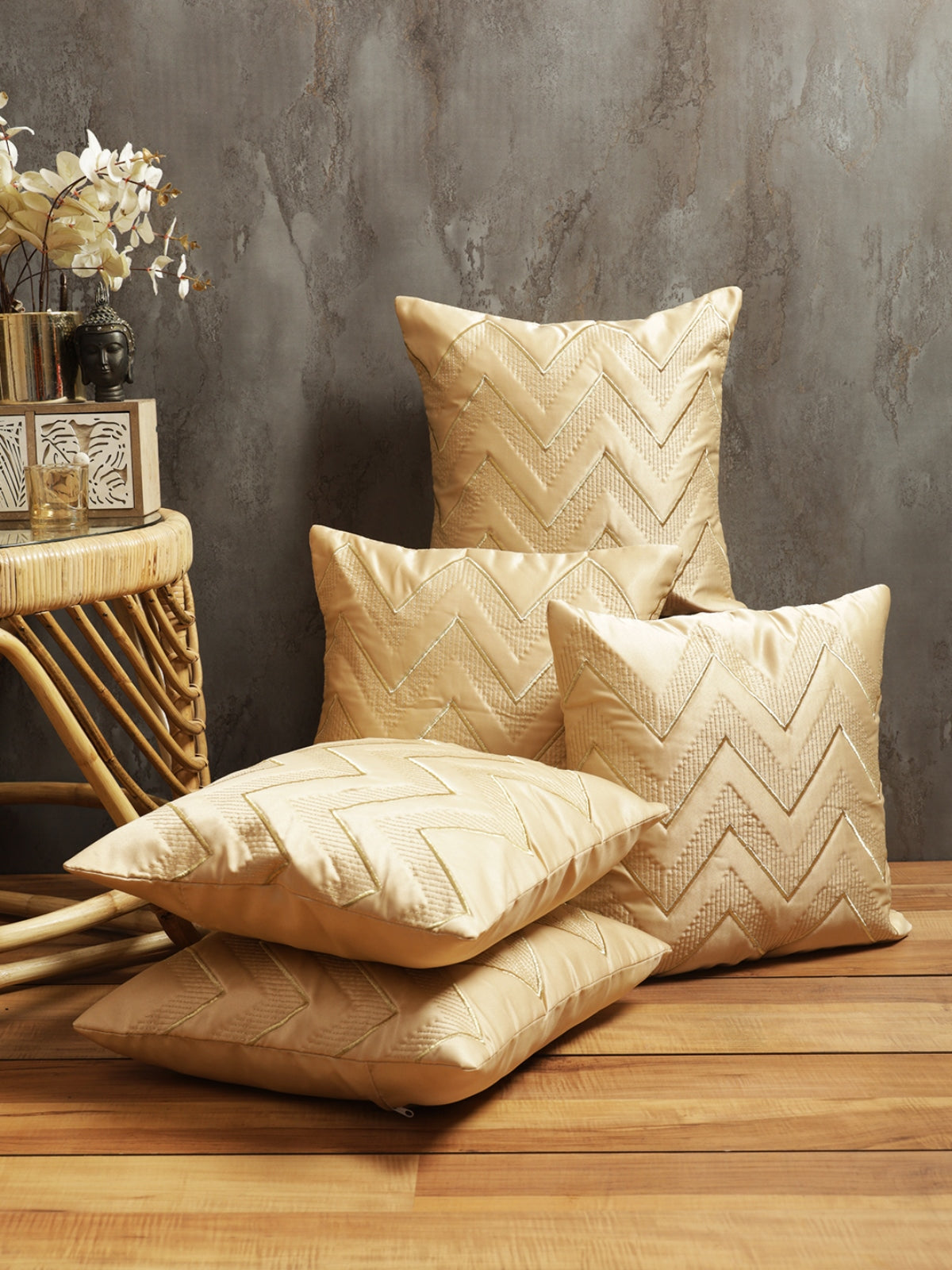 Cream Set of 5 Geometric Patterned Polyester Square Cushion Covers