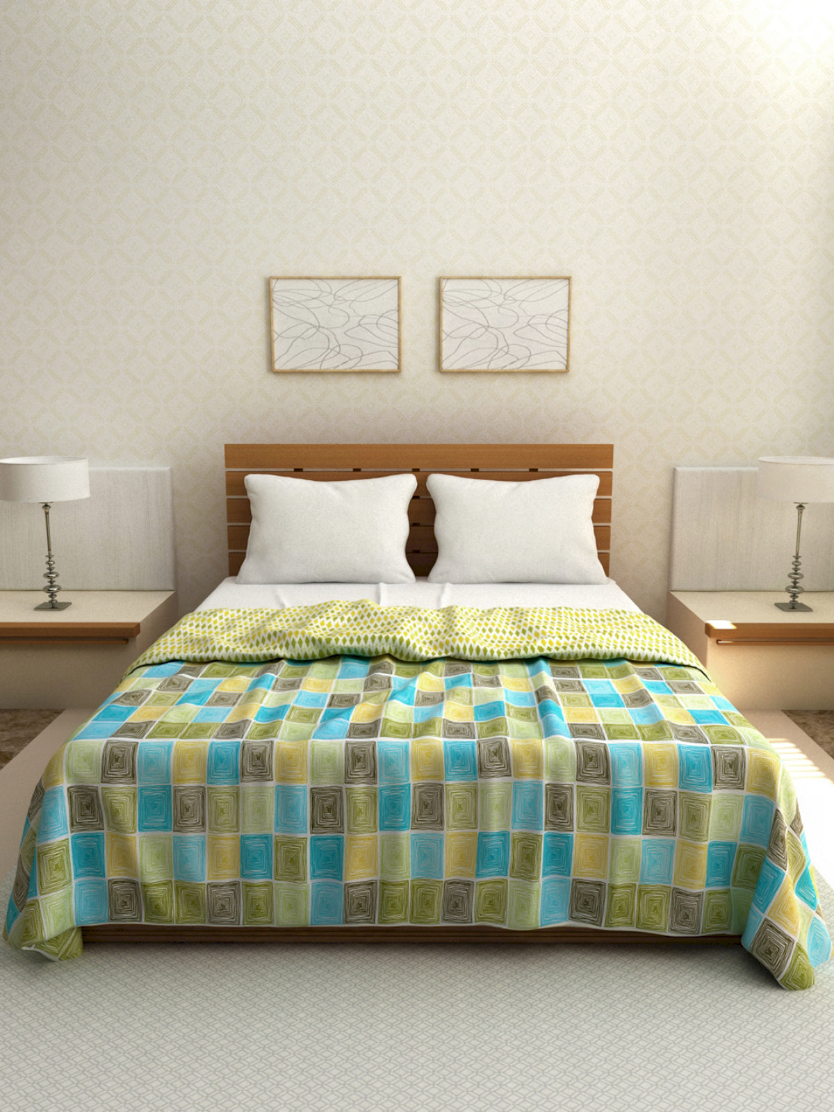 Green Check Printed 200 GSM Reversible Double Bed AC Comforter
