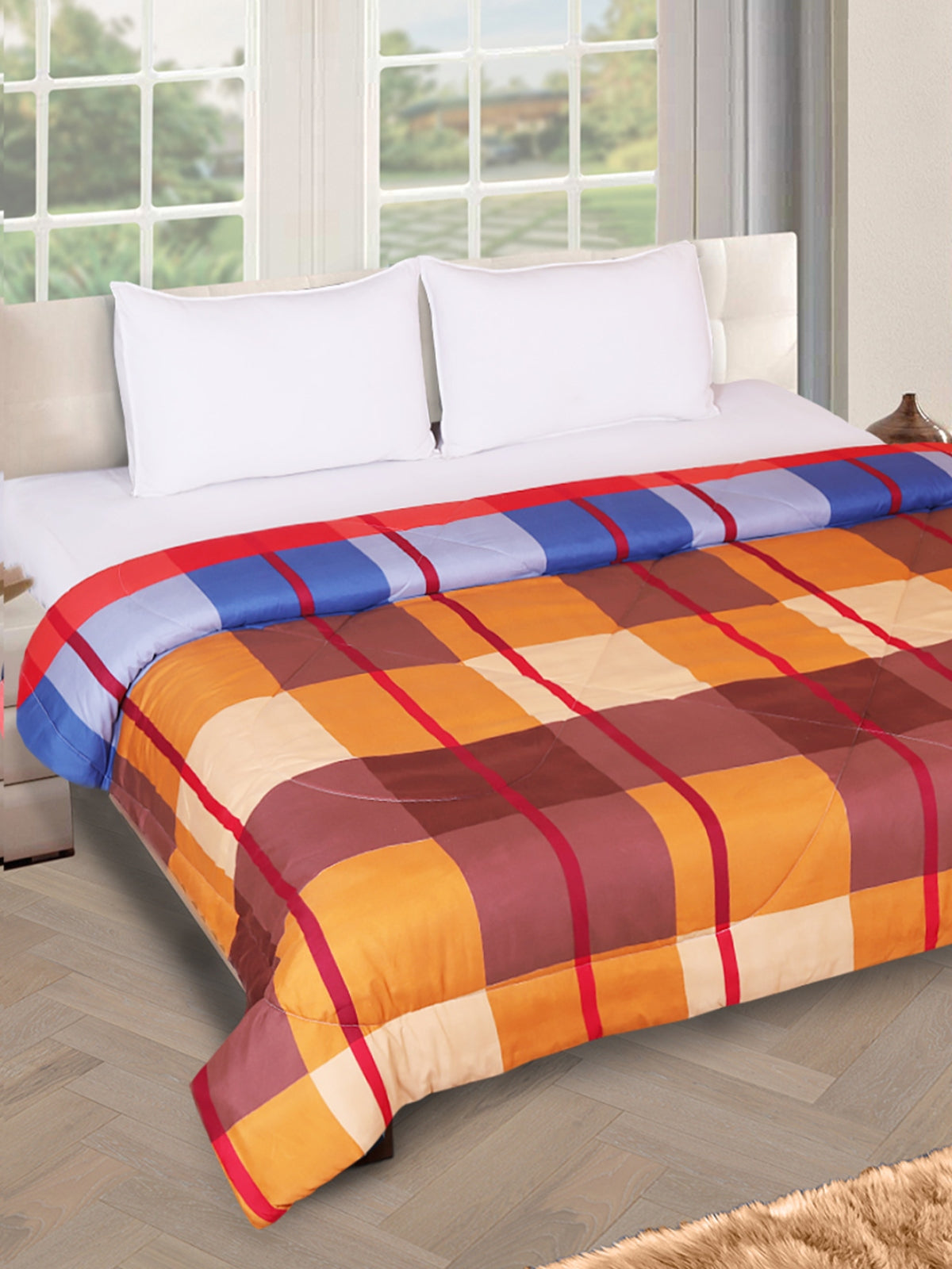 Romee Orange & Brown Check Patterned 150 Gsm Reversible Ac Comforter