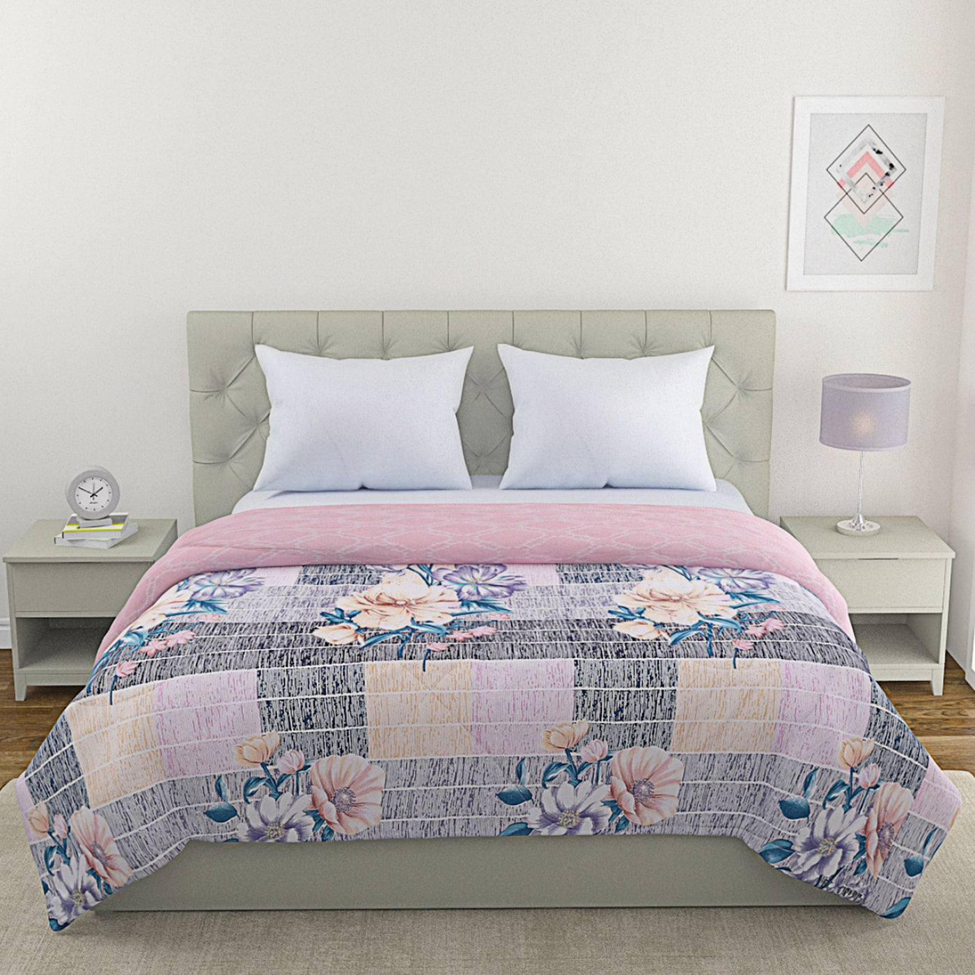 Pink & Blue Floral Patterned 200 GSM Reversible AC Comforter