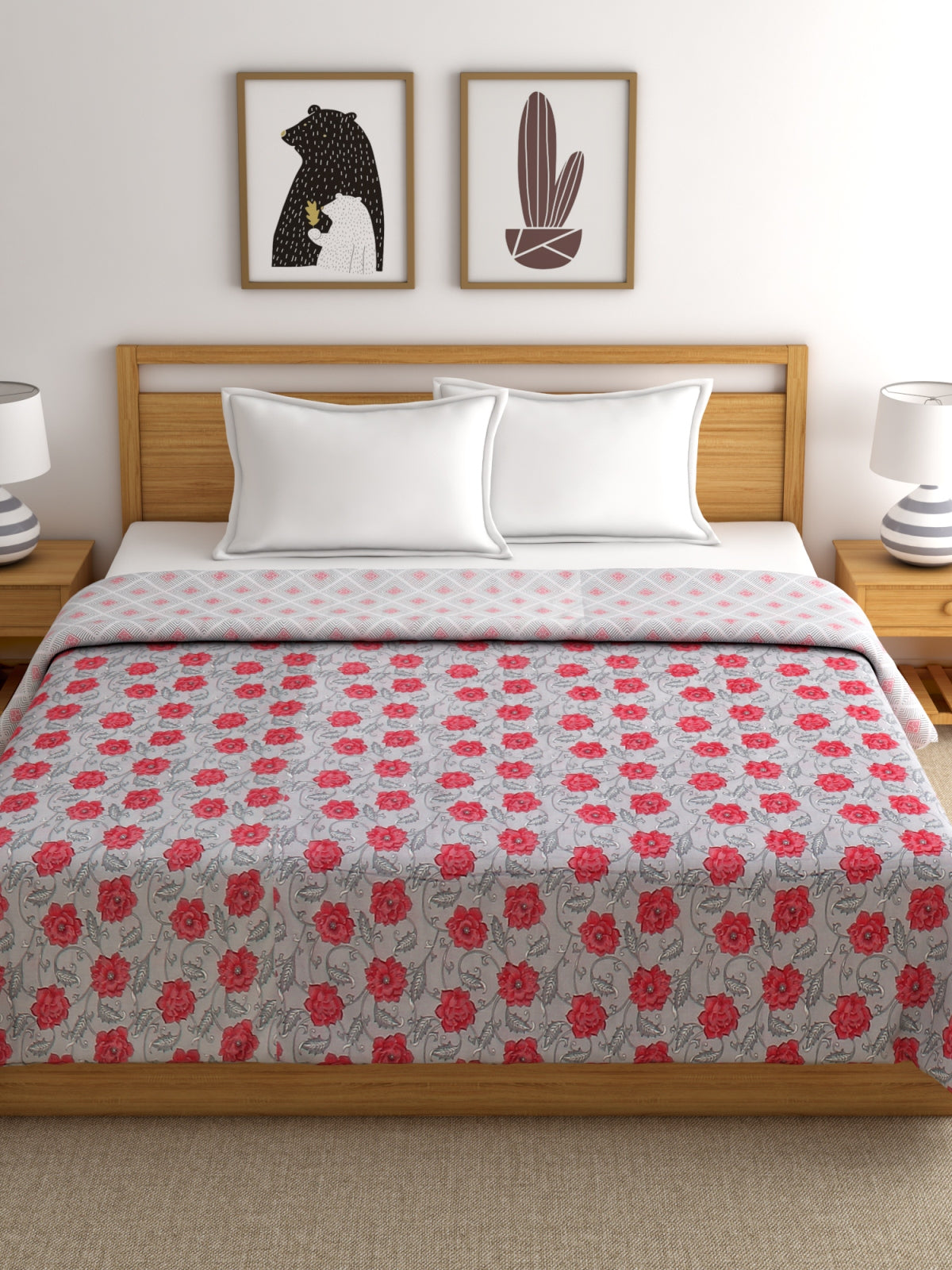 Grey & Red Cotton Double Bed Dohar