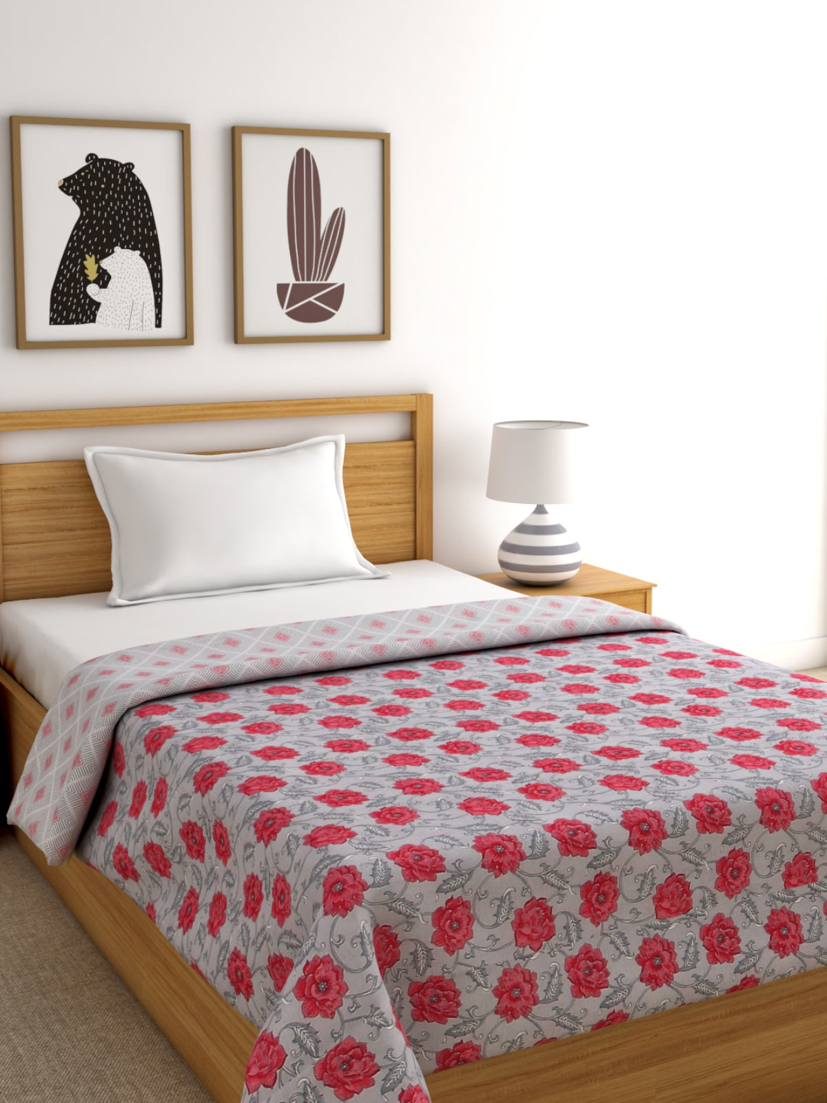 Grey & Red Cotton Single Bed Dohar