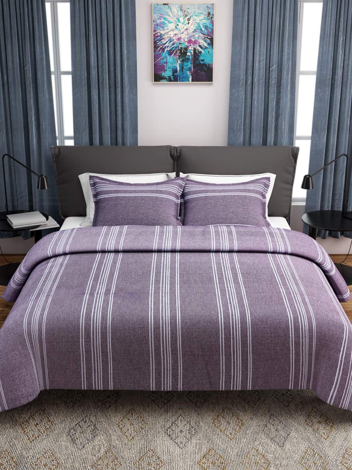 Purple & White Double Bed Cover with 2 Pillow Covers