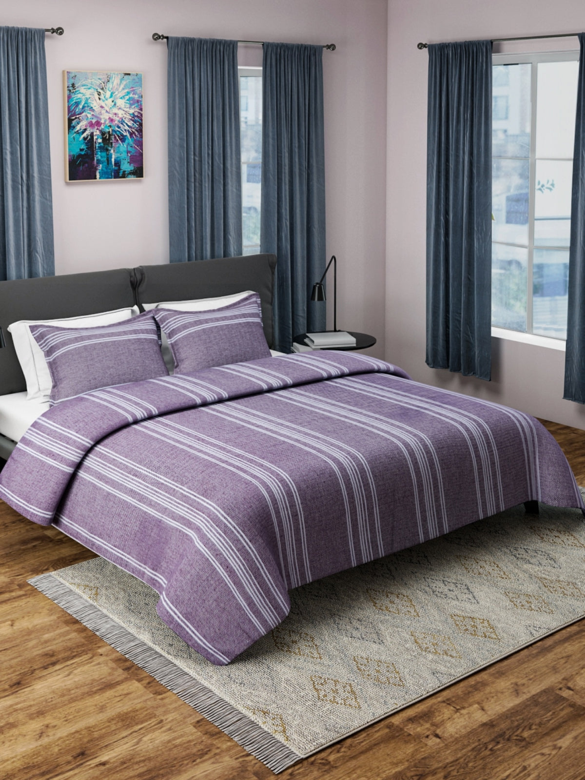 Purple & White Double Bed Cover with 2 Pillow Covers