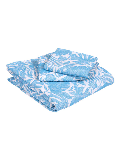 Blue & Off White Floral Patterned Reversible Double Bed Cover With 2 Pillow Covers