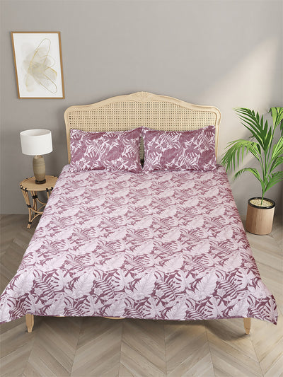 Purple & Off White Floral Patterned Reversible Double Bed Cover With 2 Pillow Covers
