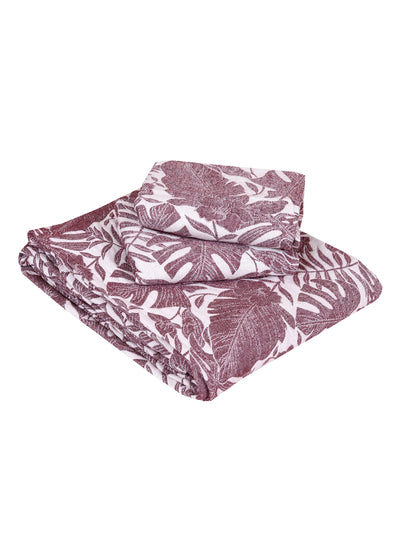 Purple & Off White Floral Patterned Reversible Double Bed Cover With 2 Pillow Covers