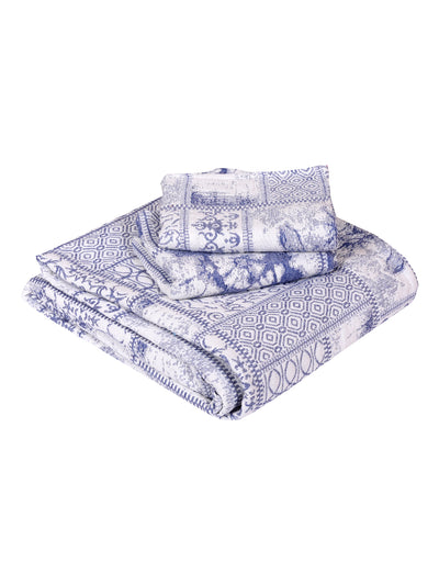 Blue & White Ethnic Motifs Patterned Reversible Double Bed Cover With 2 Pillow Covers