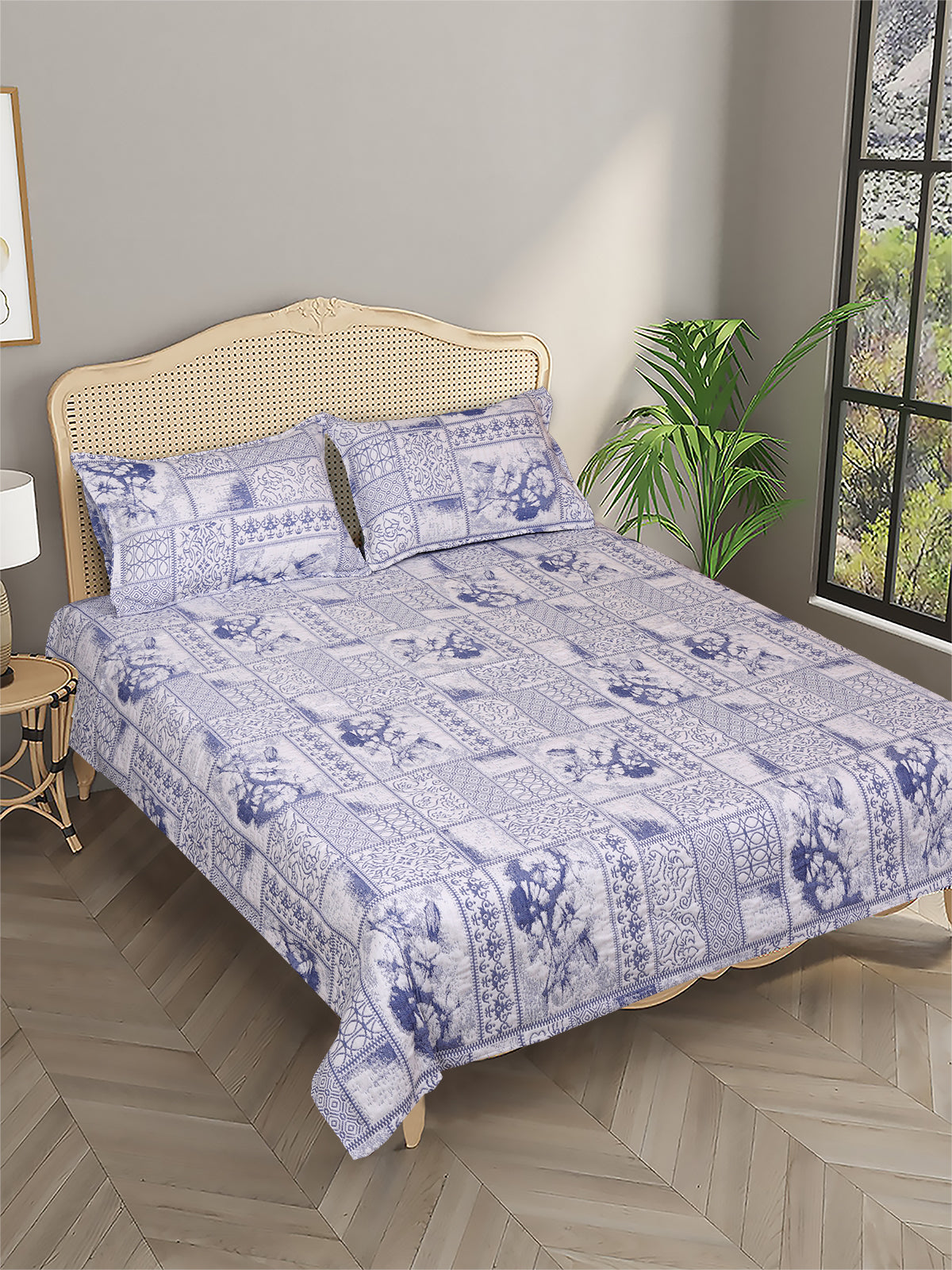 Blue & White Ethnic Motifs Patterned Reversible Double Bed Cover With 2 Pillow Covers