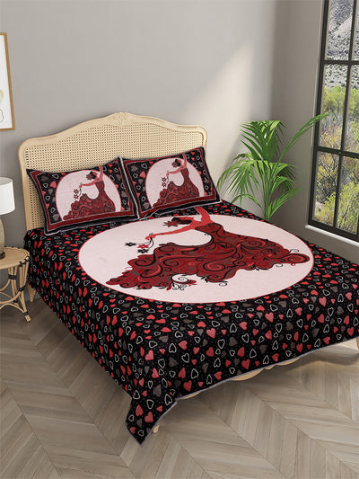 Maroon & Black Self-Designed Patterned Reversible Double Bed Cover With 2 Pillow Covers