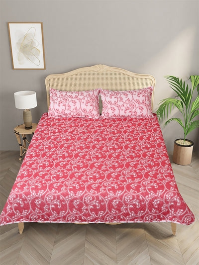 Pink & Cream Floral Patterned Reversible Double Bed Cover With 2 Pillow Covers