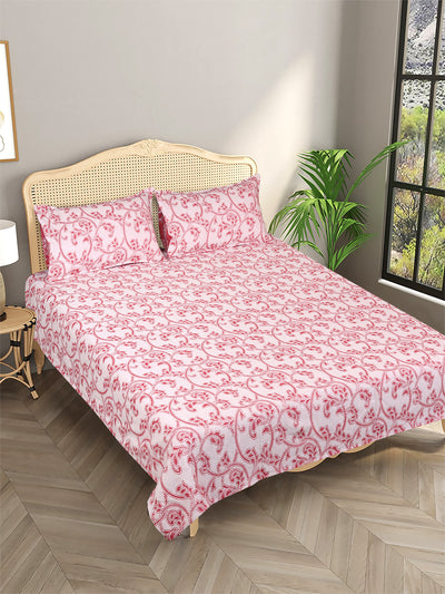 Pink & Cream Floral Patterned Reversible Double Bed Cover With 2 Pillow Covers