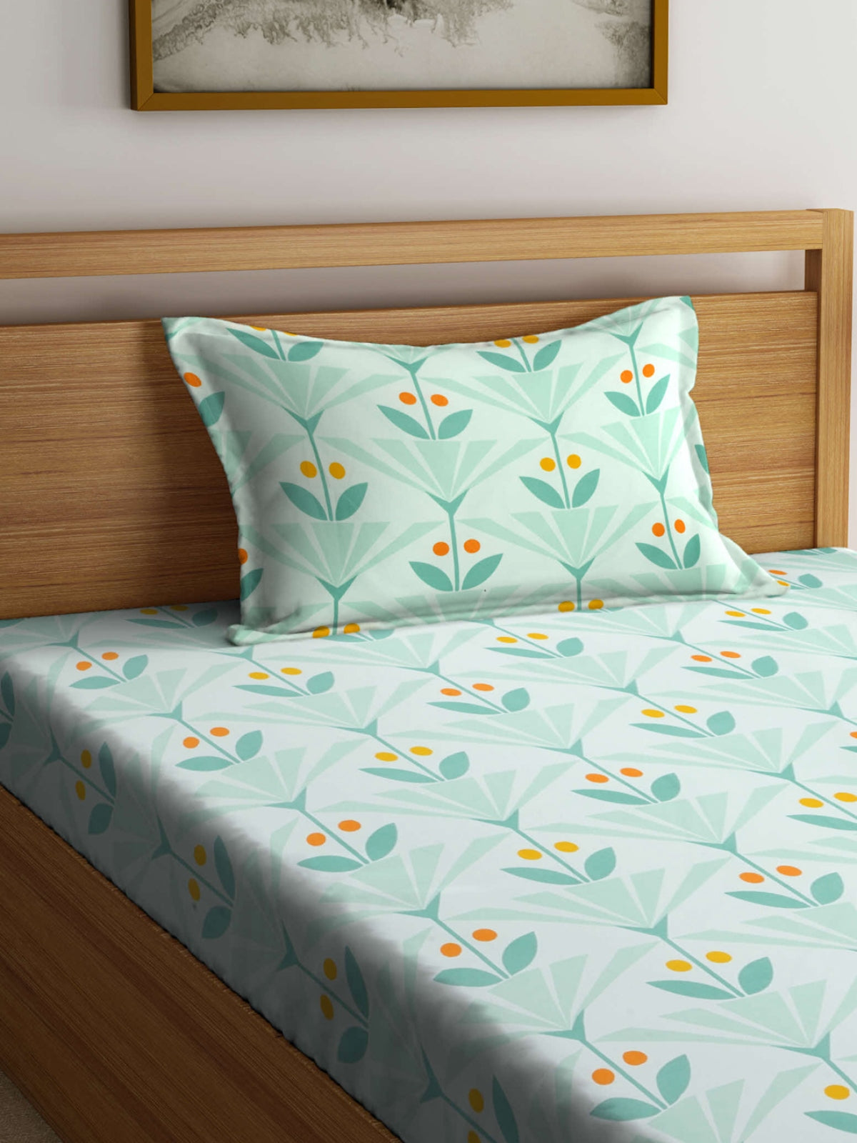 Turquoise Floral Patterned 210 TC Single Bedsheet with 1 Pillow Cover