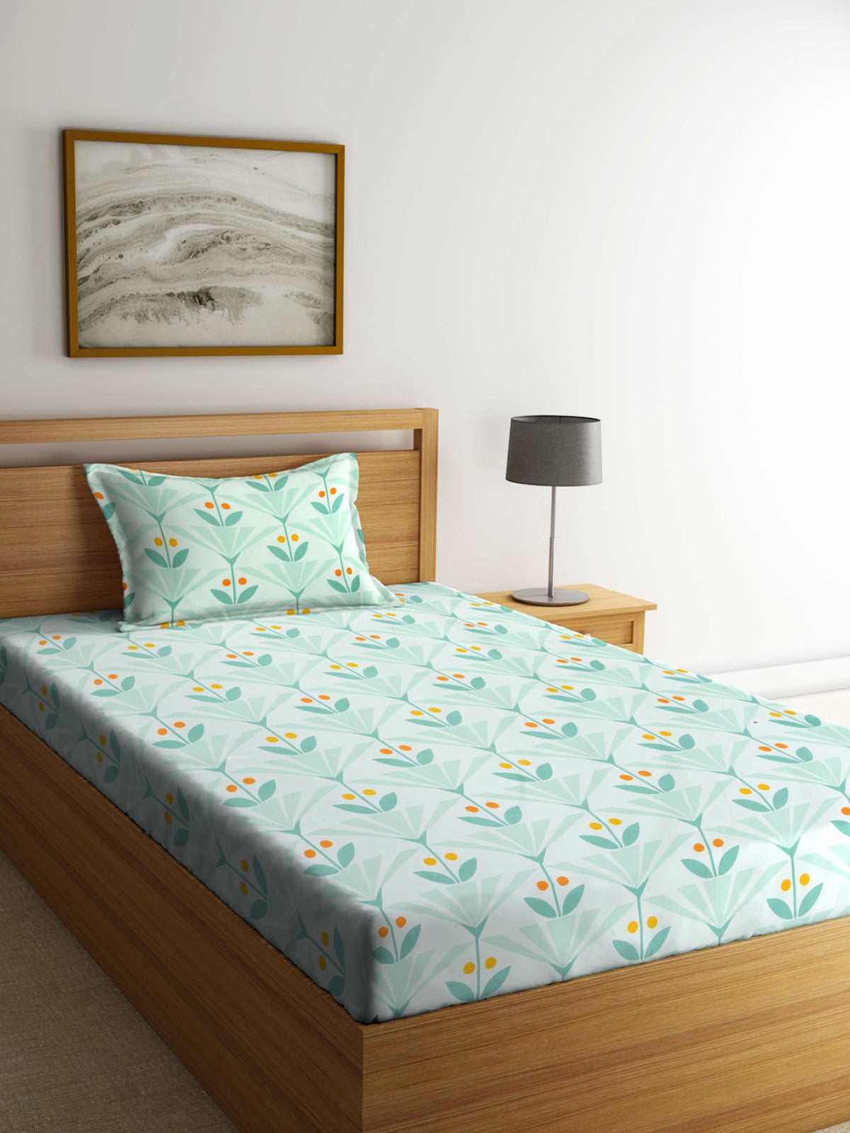 Turquoise Floral Patterned 210 TC Single Bedsheet with 1 Pillow Cover