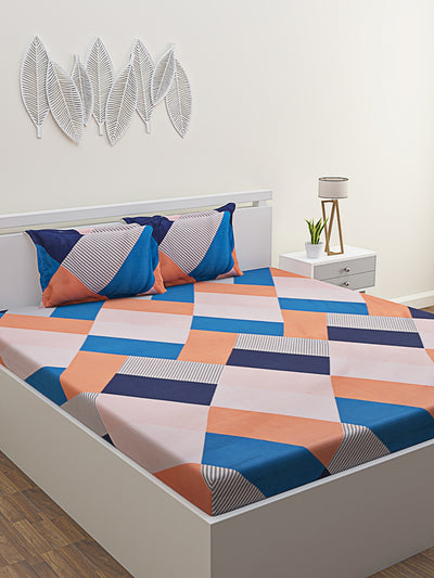 Blue & Beige Geometric Patterned 210 TC Queen Bedsheet with 2 Pillow Covers