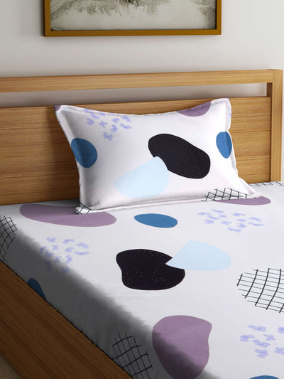 White & Voilet Abstract Patterned 210 TC Single Bedsheet with 1 Pillow Cover