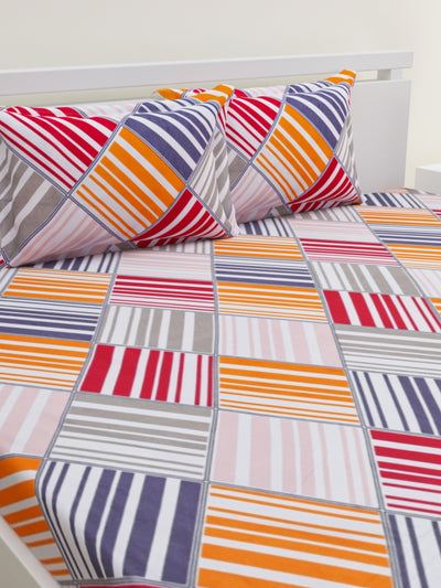 Multicolor Stripes Patterned 210 TC Queen Bedsheet with 2 Pillow Covers