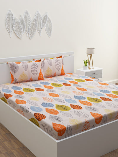 Beige & Orange Floral Patterned 210 TC Queen Bedsheet with 2 Pillow Covers