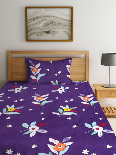 Blue Floral Patterned 210 TC Single Bedsheet with 1 Pillow Cover