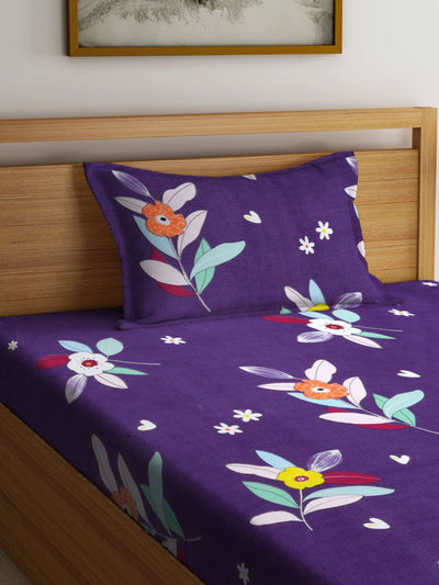 Blue Floral Patterned 210 TC Single Bedsheet with 1 Pillow Cover