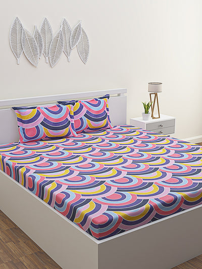 Blue & Pink Geometric Patterned 210 TC Queen Bedsheet with 2 Pillow Covers