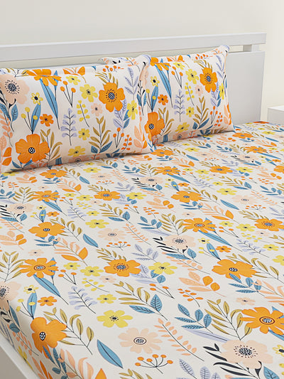 Multicolor Floral Patterned 300 TC King Fitted Bedsheet with 2 Pillow Covers