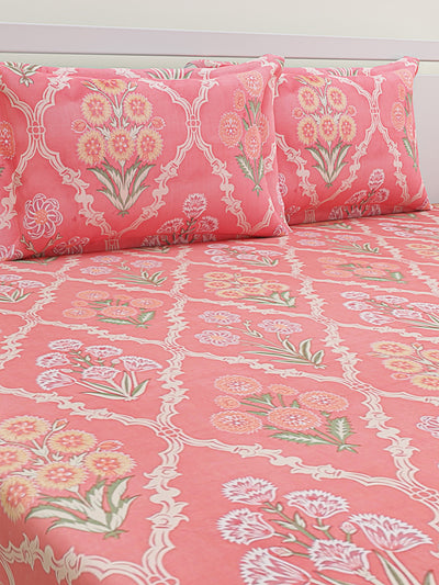 Pink Floral Patterned 300 TC King Fitted Bedsheet with 2 Pillow Covers