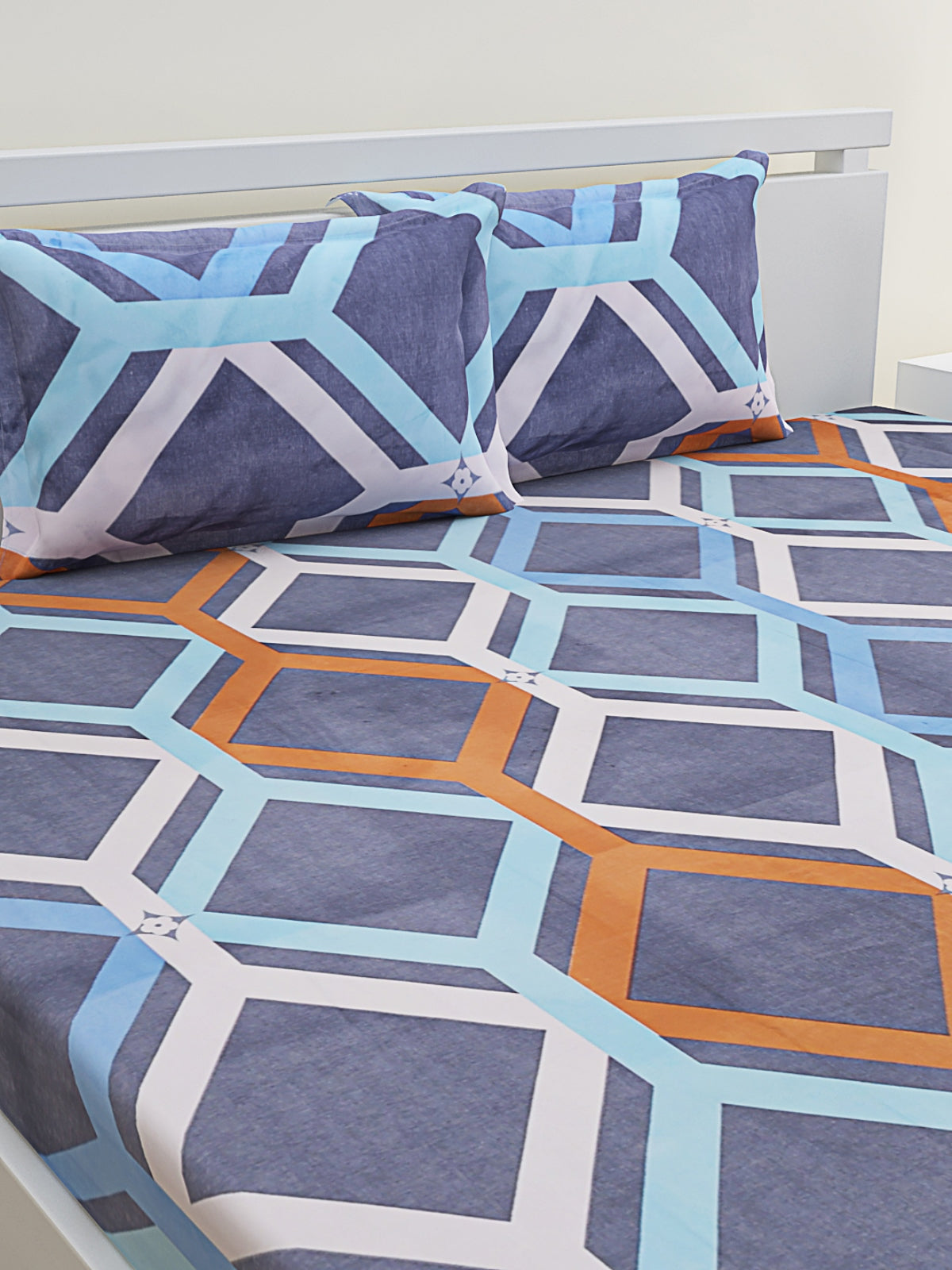 Blue Geometric Patterned 300 TC King Fitted Bedsheet with 2 Pillow Covers