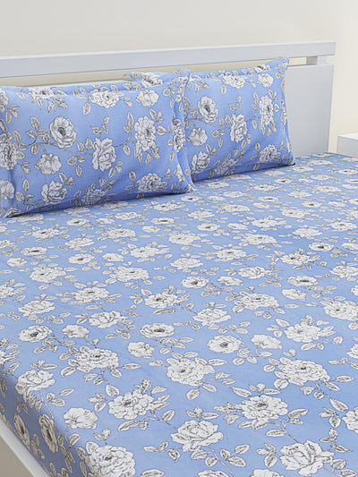 Blue Floral Patterned 300 TC King Fitted Bedsheet with 2 Pillow Covers
