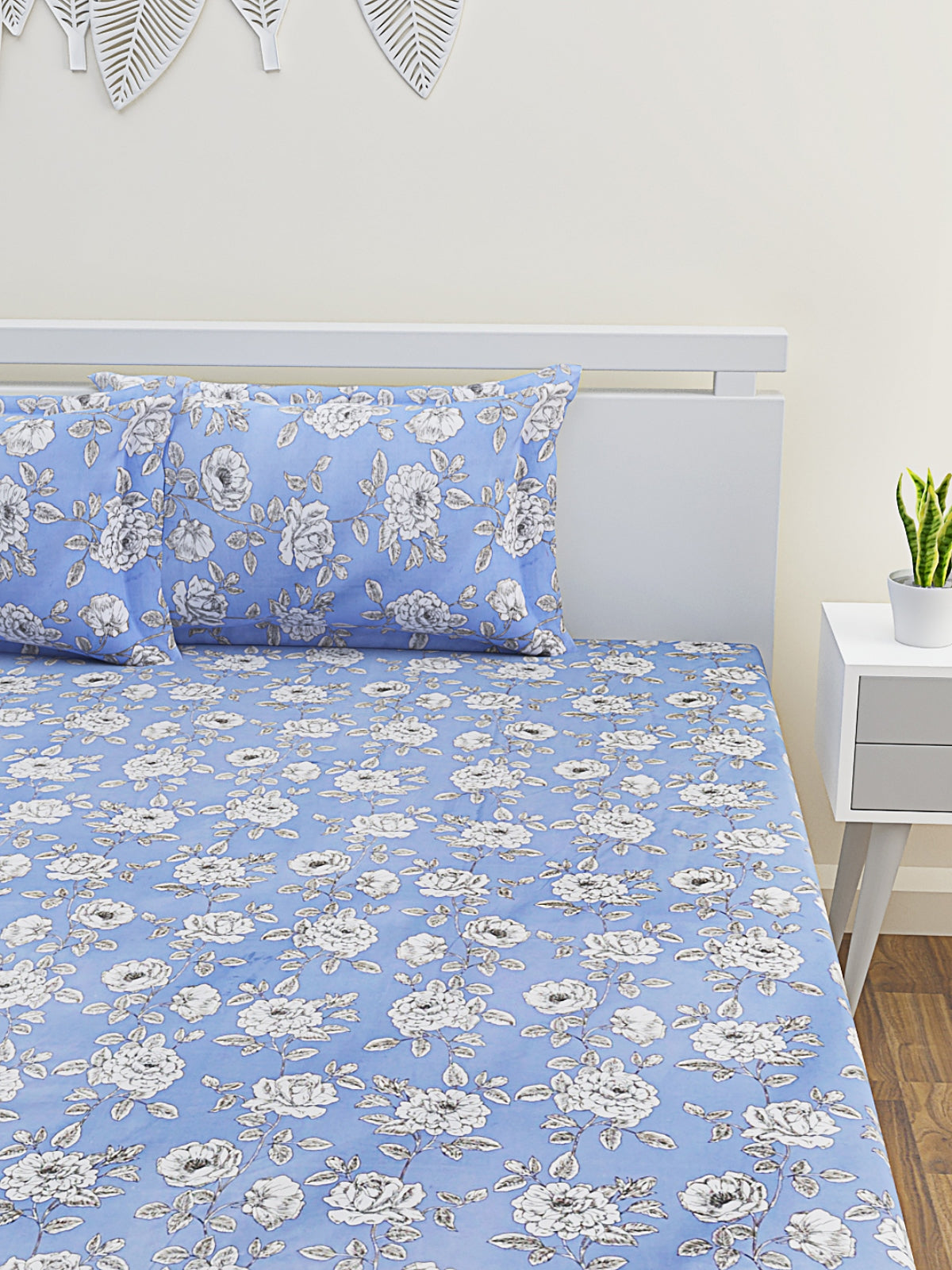 Blue Floral Patterned 300 TC King Fitted Bedsheet with 2 Pillow Covers