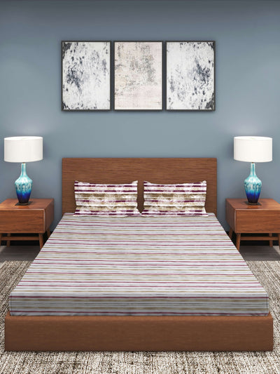 Off White & Brown Stripes Patterned 210 TC Queen Bedsheet with 2 Pillow Covers